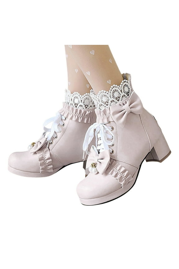 Womens Platform Gothic Ankle Boots Vintage Lace Up Chunky Heel Bow Cosplay Lolita Shoes