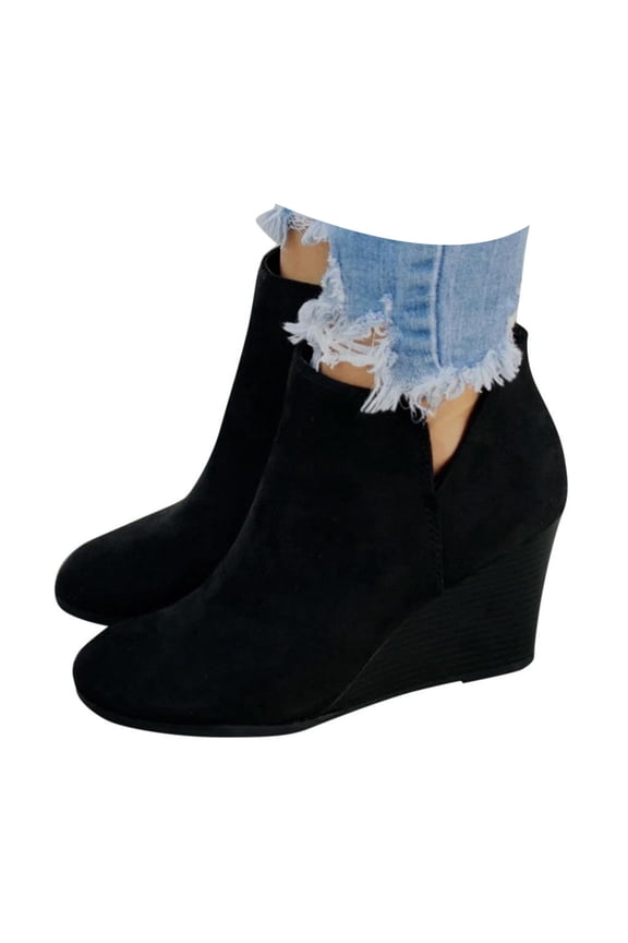 Womens Platform Wedge Ankle Booties Zip-up Fashion Stacked Heel Suede Winter Dress Booties