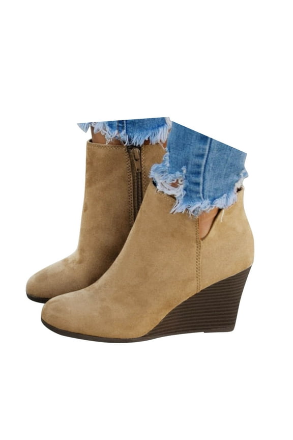 Womens Platform Wedge Ankle Booties Zip-up Fashion Stacked Heel Suede Winter Dress Booties