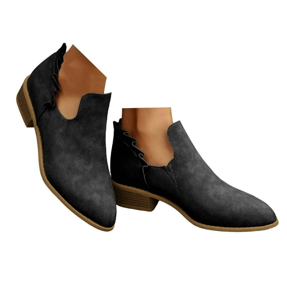 Chenyee Womens Slip On Ankle Boots Low Stacked Heel Ruffle Short Booties Comfortable Dress Shoes
