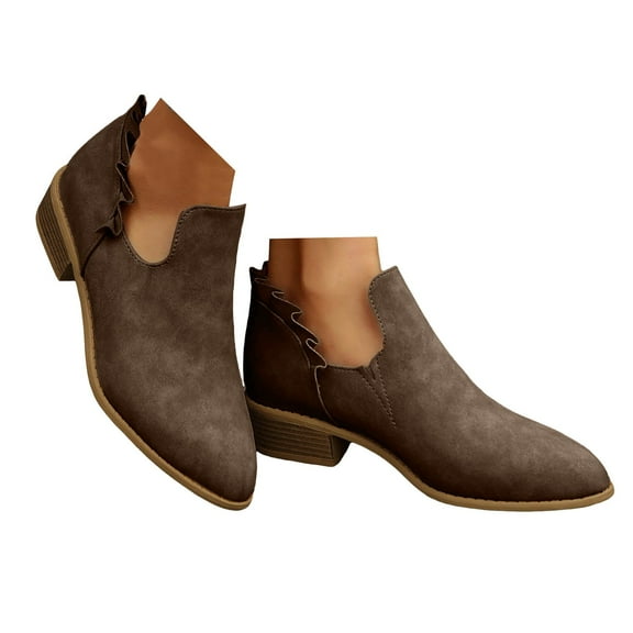 Chenyee Womens Slip On Ankle Boots Low Stacked Heel Ruffle Short Booties Comfortable Dress Shoes