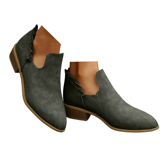 Chenyee Womens Slip On Ankle Boots Low Stacked Heel Ruffle Short Booties Comfortable Dress Shoes
