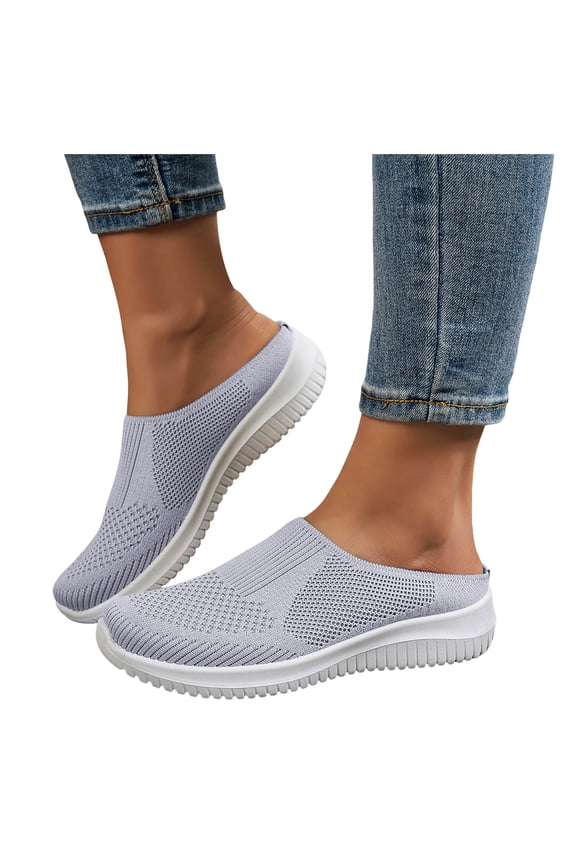 Women's Breathable Knit Walking Mules Fashion Backless Slip On Sneakers Soft Sole Non Slip Walking Shoes Gray Size 9