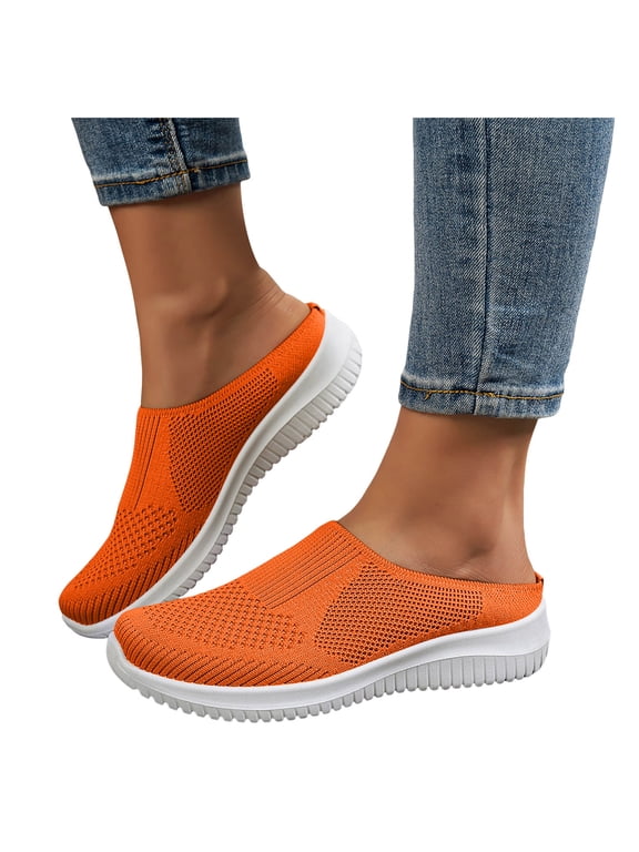 Women's Breathable Knit Walking Mules Fashion Backless Slip On Sneakers Soft Sole Non Slip Walking Shoes Orange Size 9.5