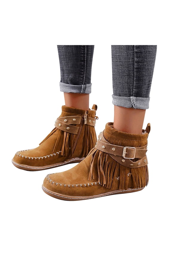 Womens Suede Fringe Ankle Boots Flat Winter Warm Fashion Western Outdoor Short Booties