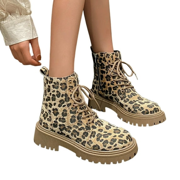 Chenyee Womens Suede Leopard Print Combat Boots Fashion Lace Up Non Slip Low Platform Mid Calf Booties