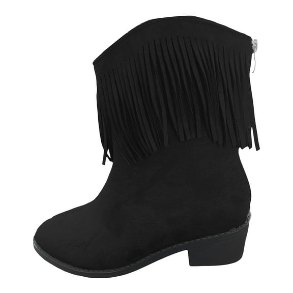 Chenyee Womens Tassel Western Boots Chunky Block Heel Suede Fringe Slip On Mid Calf Cowboy Booties