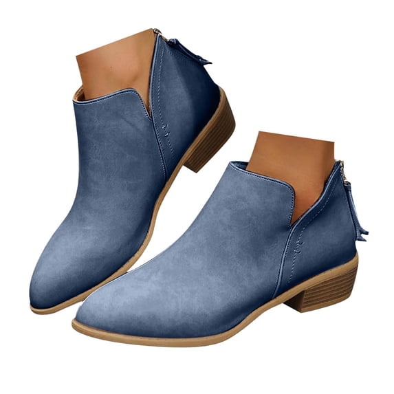 Chenyee Womens V Cutout Ankle Boots Pointed Toe Zip Up Chunky Stacked Low Heel Short Booties