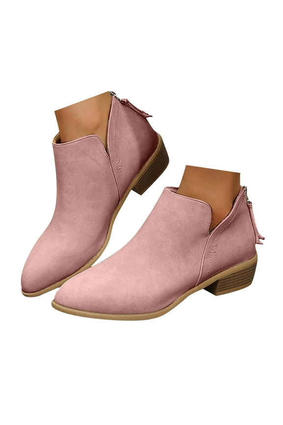 Womens V Cutout Ankle Boots Pointed Toe Zip Up Chunky Stacked Low Heel Short Booties