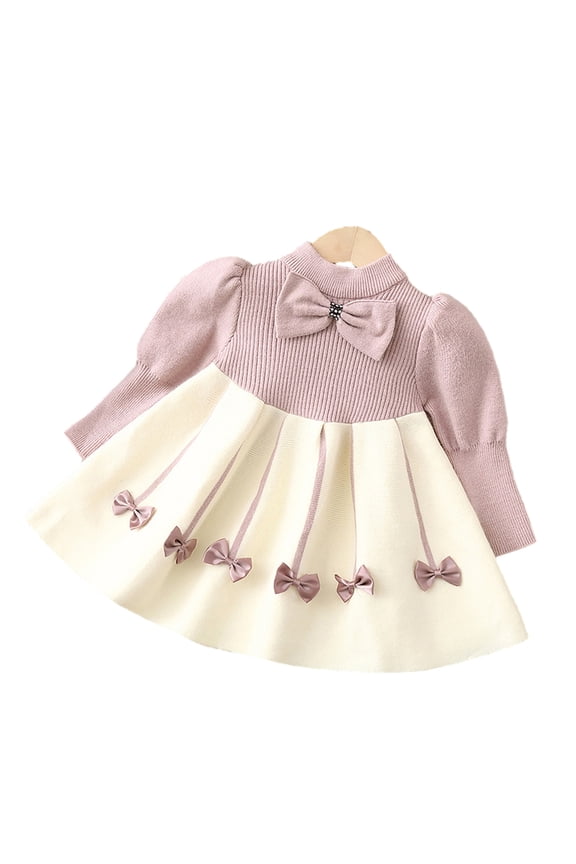9M-8T Girls Bowknot Sweaters Dress for Baby Kids Autumn Winter Sweet Princess Dress Girls Jumper Knit Dresses for Toddler