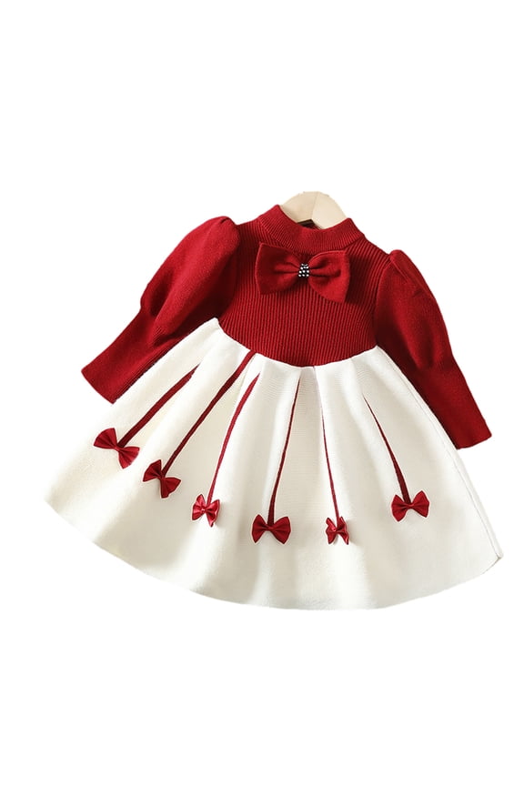 9M-8T Girls Bowknot Sweaters Dress for Baby Kids Autumn Winter Sweet Princess Dress Girls Jumper Knit Dresses for Toddler