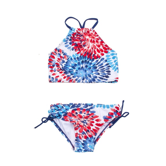 Chenyin Baby Kids Girls Swimsuits Bikini 2PCS Set Sling Printed Bathing Suit Youth Girls Halter Crop Top Swimwea Outfit for 3-14 Years