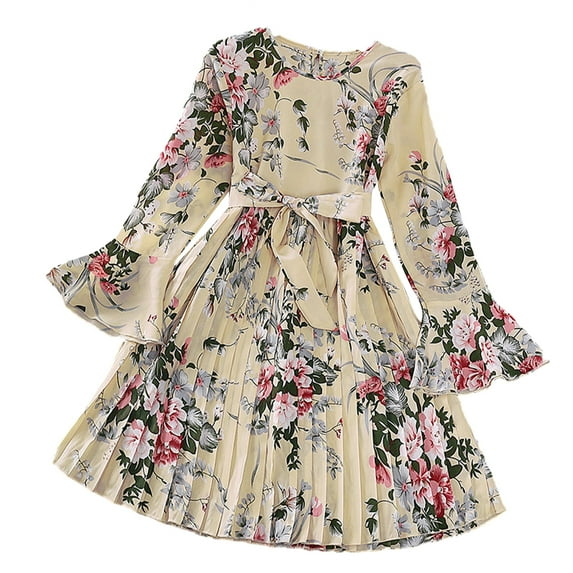 Chenyin Kids Girls Printed Princess Dress Toddler Long-Sleeved Spring Fall Dresses Crewneck Sundress Long Skirt for Girls 5-12 Years