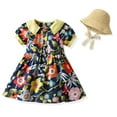 thumbnail image 1 of Chenyin Newborn Baby Girls Bubble Sleeve Princess Dress with Sun Hat Crewneck Button Casual Dress Toddler Girls Summer Sweetheart Sundress for 3 Months-4 Years, 1 of 9