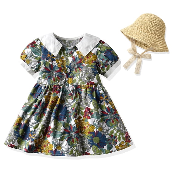 Chenyin Newborn Baby Girls Bubble Sleeve Princess Dress with Sun Hat Crewneck Button Casual Dress Toddler Girls Summer Sweetheart Sundress for 3 Months-4 Years