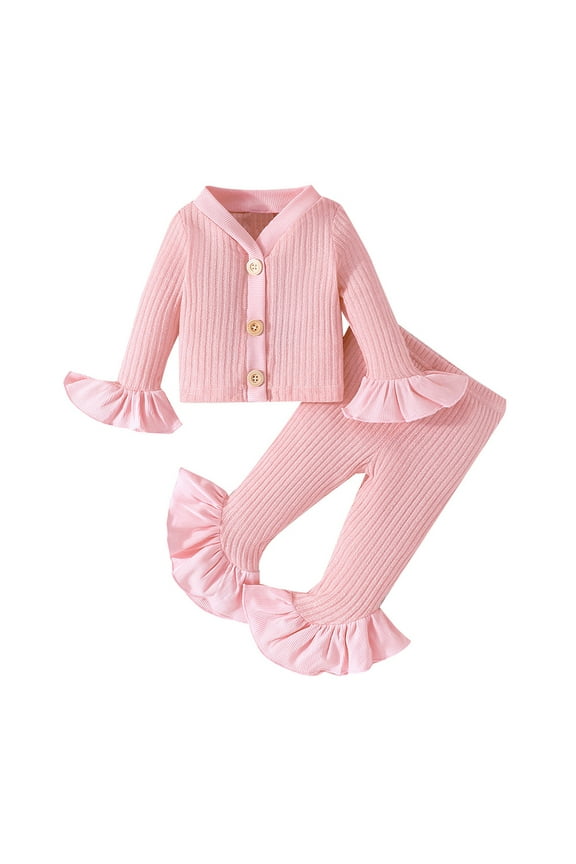 Newborn Baby Girls Long Sleeve Tknitted Sweater Cardigan Tops + Knit Flare Pants Two Piece Set Girls Spring Fall Sweet Outfits for 3-24 Months
