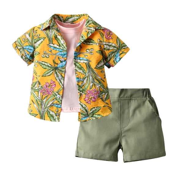 Chenyin Toddler Baby Boys Hawaiian Outfits Infant Short-Sleeved Flower Shirt Jacket + T-Shirts + Shorts Summer Casual 3PCS Set for 9 Months-5 Years