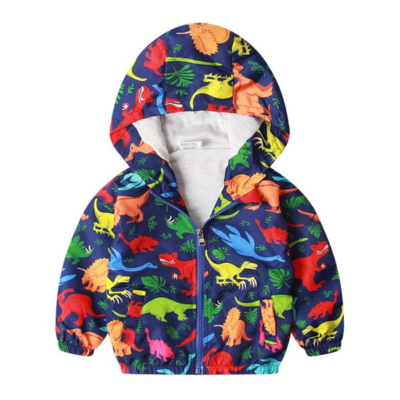 Chenyin Toddler Baby Boys Hooded Windbreaker Jacket Cartoon Dinosaur Zip Rain Jacket Lightweight Outdoor Kids Raincoat Trench Coat for Spring Fall 9 Months-6 Years