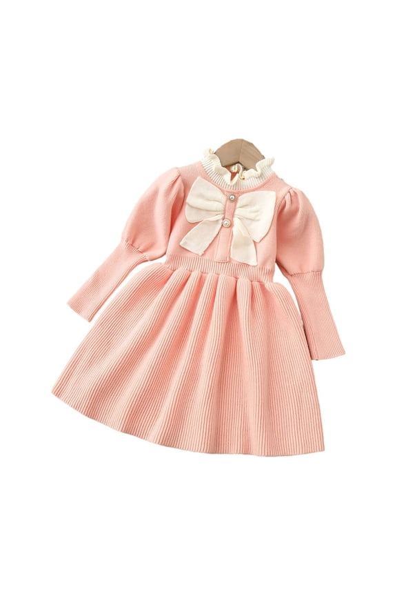 Toddler Baby Girls Bowknot Knit Sweaters Dress Long Sleeve Jumpe Dress 1-5 Years Girls Autumn Winter Knit Princess Dress for Kids
