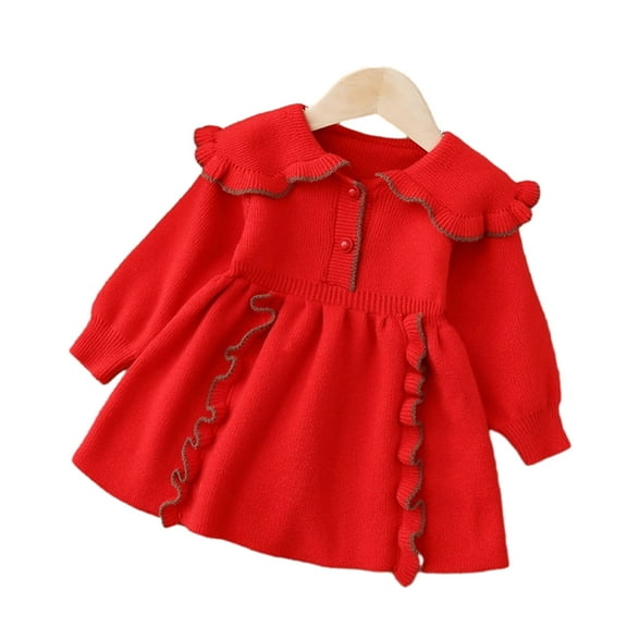 Chenyin Toddler Baby Girls Sweaters Dress Lapel Lace Jumper Dresses Buttons Knit Dress Kids Fall Winter Long Skirt for Girls 9M - 4T