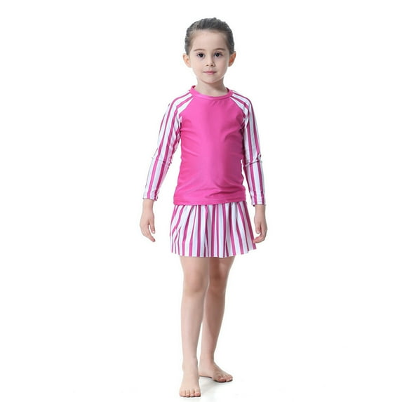 Chenyin Toddler Kids Girls' 3PCS Swimsuits Bathing Suit Long Sleeve Swimwear and Swim Skirt with Swim Cap Girls Summer Beach Sets for 12 Months-12 Years