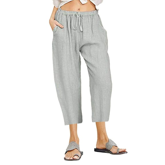 Chenyin Women's Cotton Linen Capri Pants Summer Drawstring Cropped Trousers Elastic Waist Loose 7/10 Pants with Pockets for Womens S -3X L
