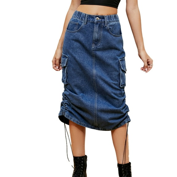 Chenyin Women's High Waisted Denim Maxi Skirts Summer Washed Jean Short Skirts with Pockets Long Skirts for Womens Size S-2XL