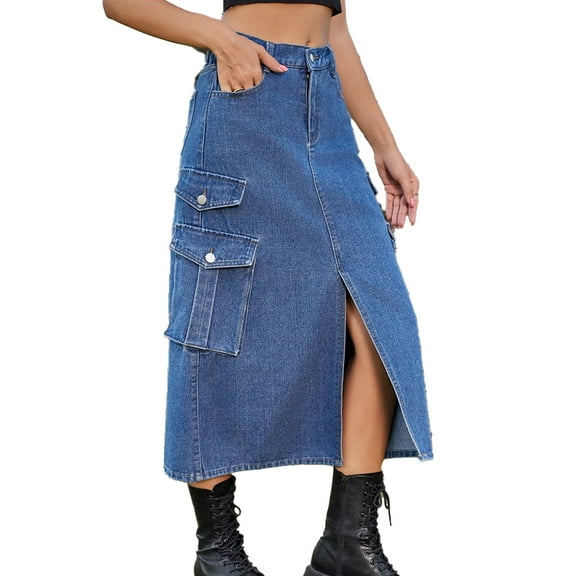 Chenyin Women's High Waisted Denim Maxi Skirts Summer Washed Jean Short Skirts with Pockets Long Skirts for Womens Size S-2XL