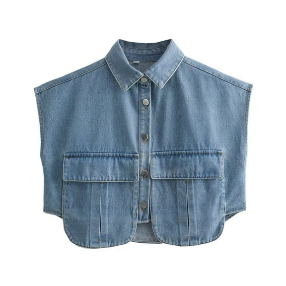 Chenyin Women's Sleeveless Denim Shirt Summer Solid Color Big Pockets Jeans Shirt Womens Button Cardigan Tops S-L