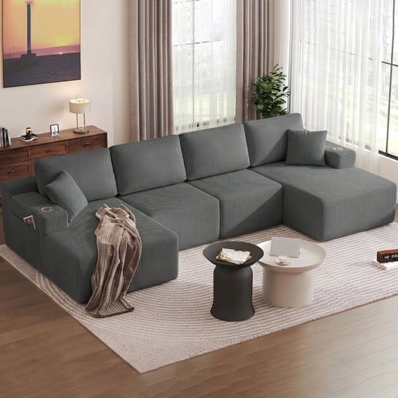 ChenyueFurn 130" U-Shaped Boneless Corduroy Modular Sectional Sofa with Chaise,Gray