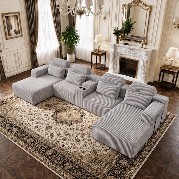 ChenyueFurn 145.7" Velvet U-Shaped Sectional, 3-Piece Sofa Set with Chaise & Cup Holders,Gray