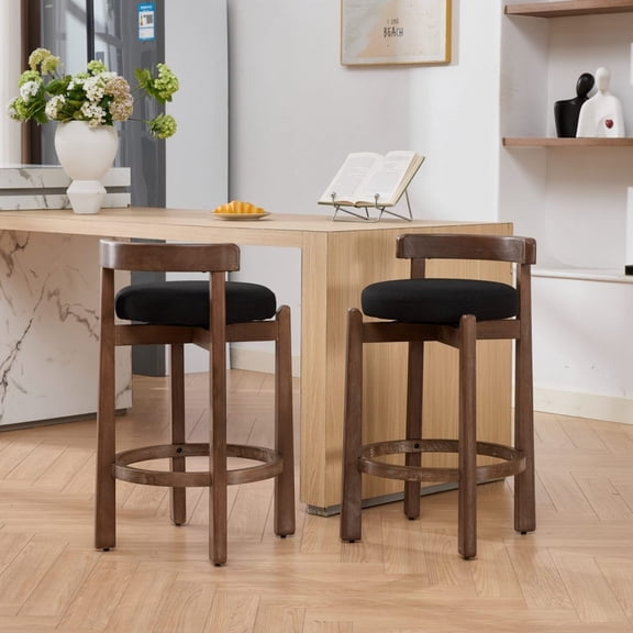 ChenyueFurn 26" Swivel Bar Stools Set of 2, Mid-Century Modern, Linen Upholstered, Solid Wood with Footrest,Black