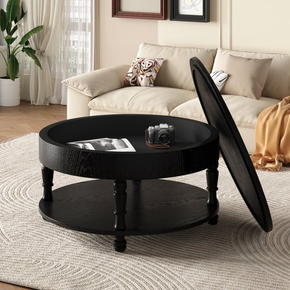 ChenyueFurn 31.5" Round Storage Coffee Table for Living Room,Black