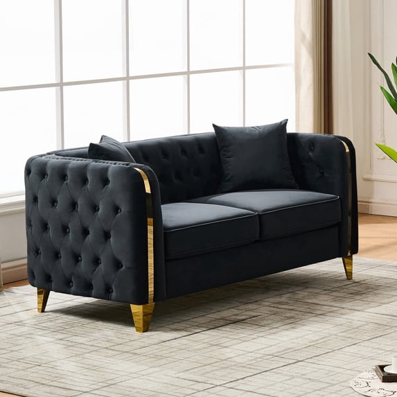 ChenyueFurn 61" Chesterfield Velvet Tufted Loveseat, Gold Stainless Steel Legs,Black
