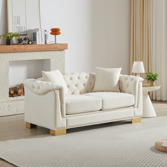 ChenyueFurn 62" Velvet Chesterfield Loveseat with Rolled Arms,Beige