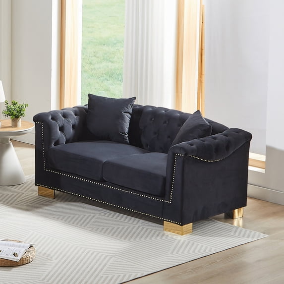ChenyueFurn 62" Velvet Chesterfield Loveseat with Rolled Arms,Black+Blue