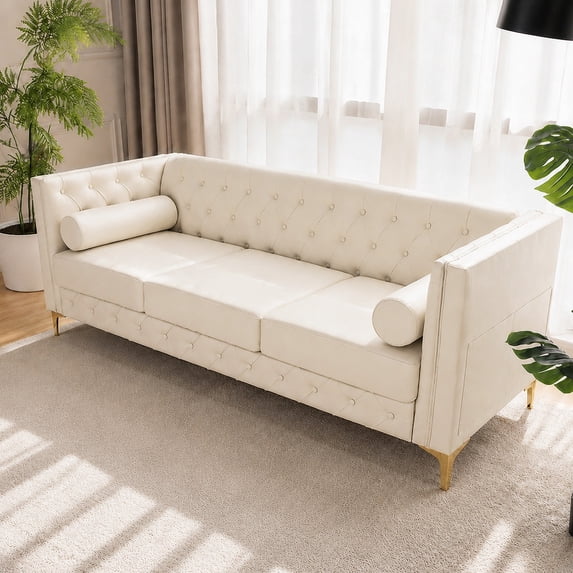ChenyueFurn 78.5" Faux Leather 3-Seater Sofa with Gold Legs,White