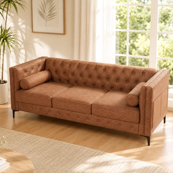 ChenyueFurn 78.5" Faux Leather 3-Seater Sofa with black Legs,Brown