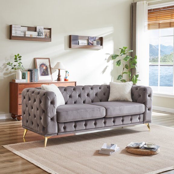ChenyueFurn 82.5" Chesterfield Velvet Sofa, Button Tufted Design, Metal Legs & 2 Included Throw Pillows,Grey