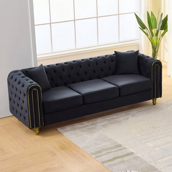 ChenyueFurn 86" Modern Chesterfield Sofa, 3 Seater Velvet Couch, Button Tufted Rolled Arms & Gold Legs,Black