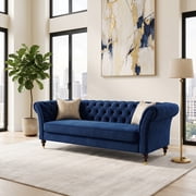 ChenyueFurn 88.5" 3-Seater Chesterfield Sofa, Button Tufted & Rolled Arms,Retro Blue