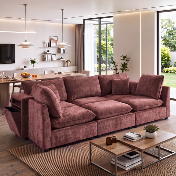 ChenyueFurn 93.7" U-Shaped Modular Sectional Sofa with Ottoman & USB,Red