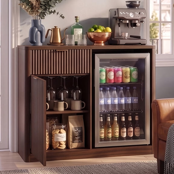 ChenyueFurn Coffee Bar Cabinet with Wine Storage & Fridge Space,Walnut