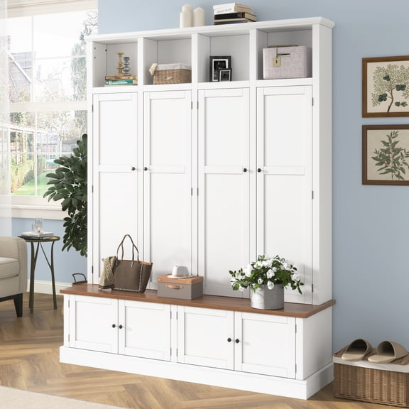 ChenyueFurn Farmhouse Entryway Organizer, Hall Tree Bench with Cubbies, Hooks & Storage Cabinet,White