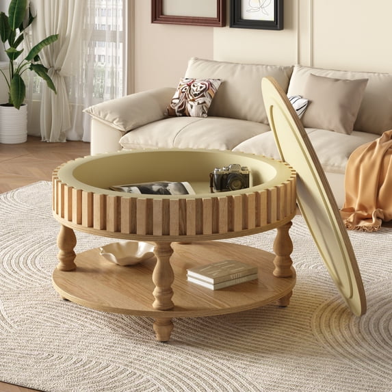 ChenyueFurn Farmhouse Fluted Coffee Table with Hidden Storage,Natural