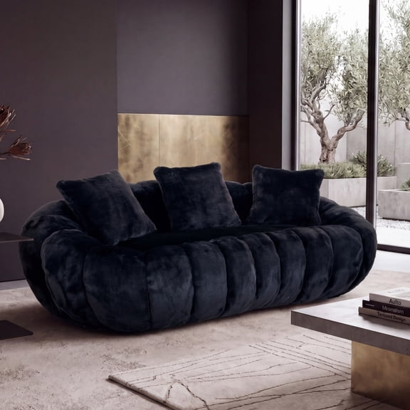 ChenyueFurn Floral-Shaped Faux Fur Loveseat, Ultra Soft 2-Seater Sofa for Living Room Decor,Black
