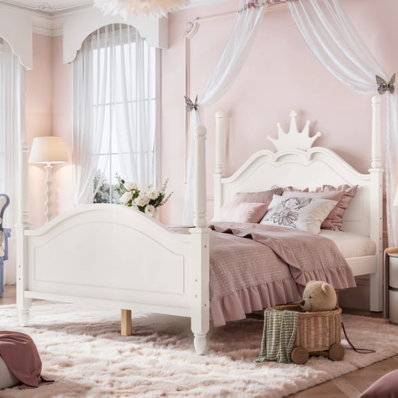 ChenyueFurn Full Crown-Shaped Four-Poster Bed with Curved Headboard,Beige
