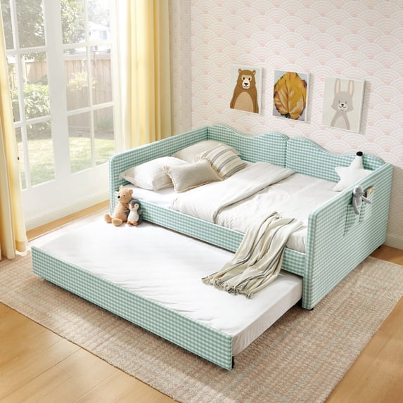 ChenyueFurn Full Gingham Upholstered Daybed, Pull-Out Trundle & Side Storage Pocket,Cyan