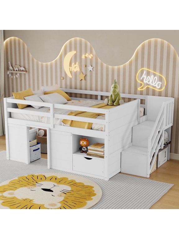 Full Low Loft Bed with Stairs and Storage Drawer,White