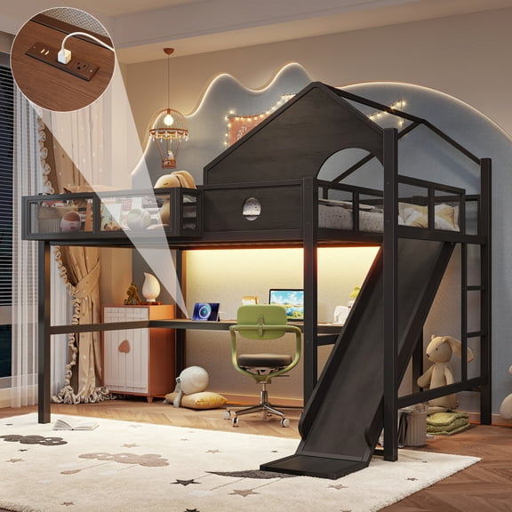 ChenyueFurn Full Metal Loft Bed with Slide, Desk, LED & USB,Black